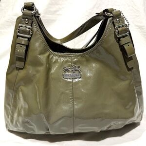 Coach Madison Maggie Sage Green Patent Leather Shoulder Hobo Bag Silver Hardware